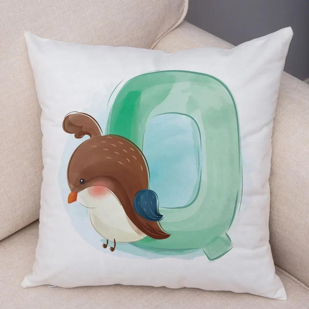 Cute Cartoon Cushion Cover Water Color English Letter Print Pillow Case Soft Animal Print Pillowcase For Children Room Decor