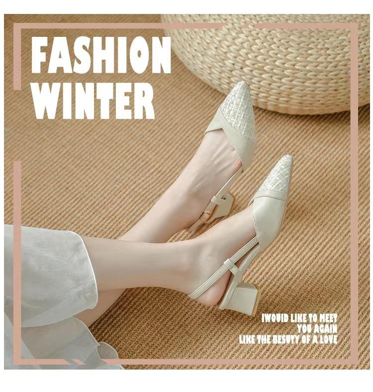 Xiaoxiangfeng Bag Head Thick Heel Single Shoes Women's Pointed Head 2025 One-word Belt Rear Air Middle Heel Sandals Women's Summer Versatile