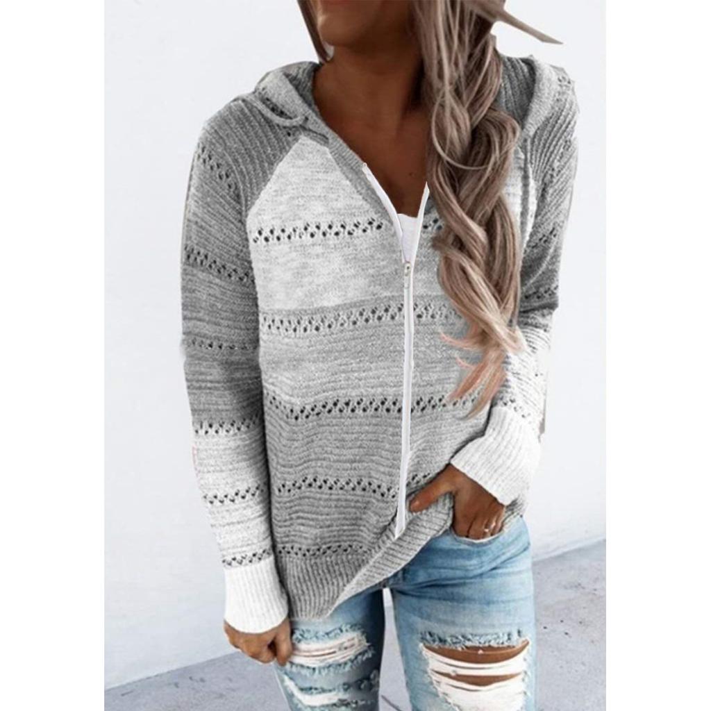 Women's Casual Striped V-Neck Hollow Long Sleeve Zipper Hooded Sweater Clothes Sale