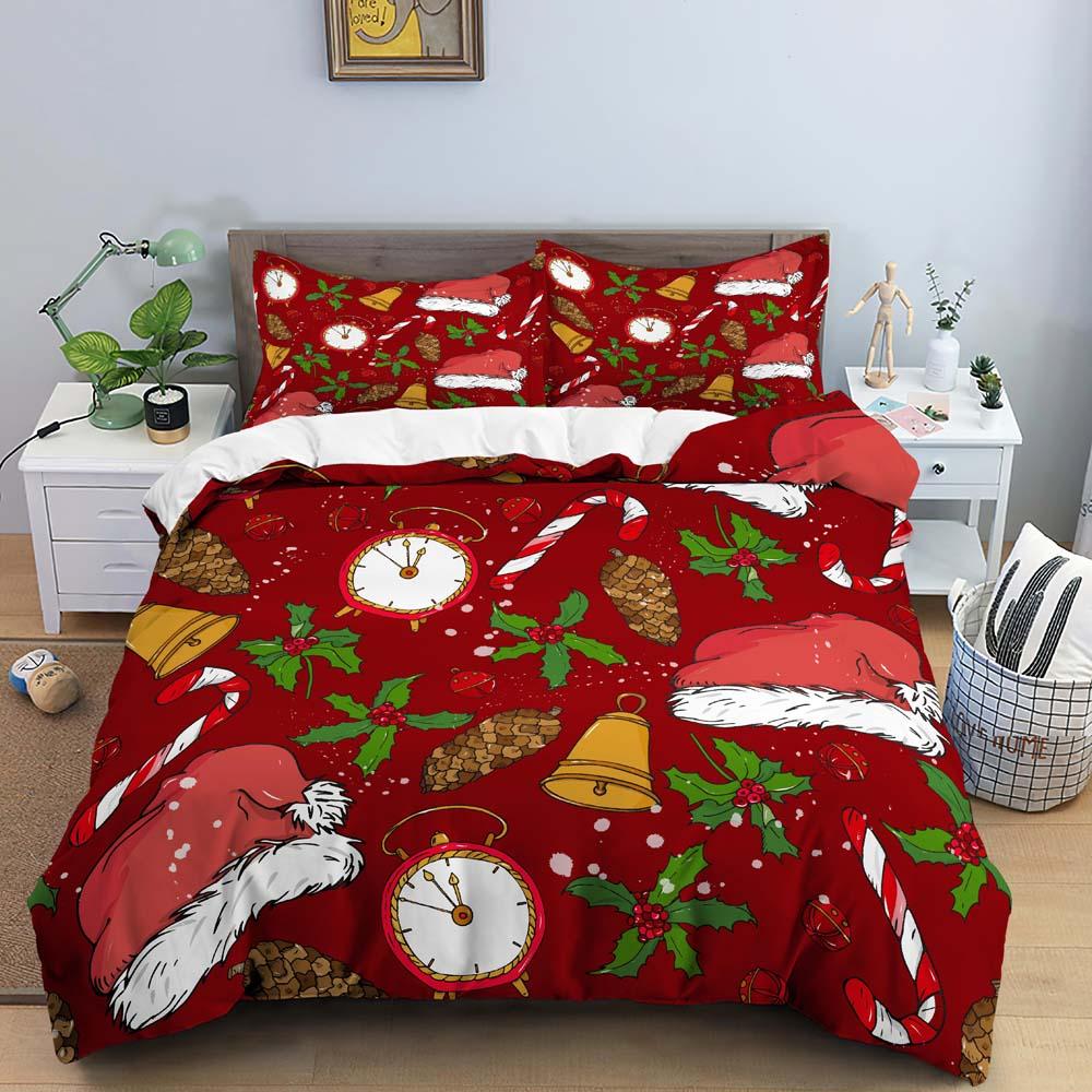 3D Christmas King Queen Duvet Cover Set Kids Cartoon Merry Christmas Red Quilt Cover 2/3pcs Polyester Beddings Set Single Double