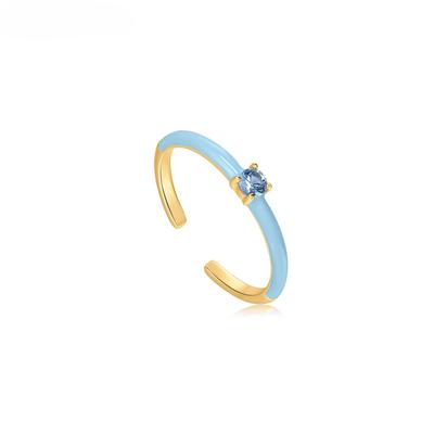 Damen 'S Puderblau Salbei Emaille Emblem Gold Verstellbarer Ring Mit Zirkonia Stein Statement Böhmen Offener Band Luxus Qualität