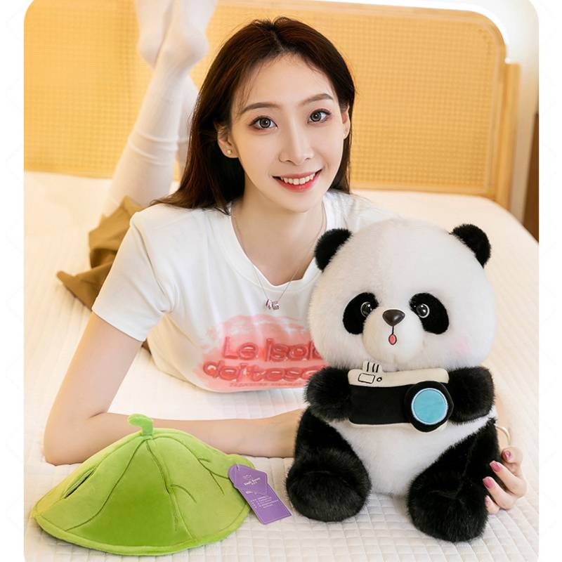 Lotus Leaf Hat Camera Panda Plush Toy Cartoon Stuffed Doll Decoration Gift Kids