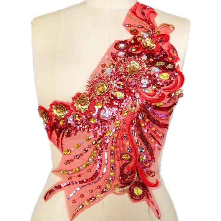 Handmade Sewn on The Web 3D Lace Rhinestones Applique Crystal Patches with Stones Sequins Beads Wedding Dress Accessories (Yellow)