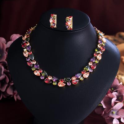 European And American Luxury Zircon Water Drop Mona Lisa Chain Banquet Dress Colored Water Drop Earrings Necklace Set