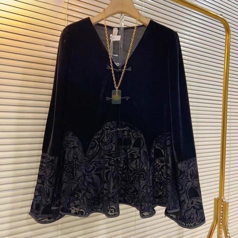 Spring Autumn Women s Plus-size Blouse Loose V-neck Velvet Blouse M