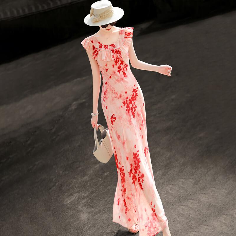 Lanser Elegant French Ruffle Print Belted Midi Dress L
