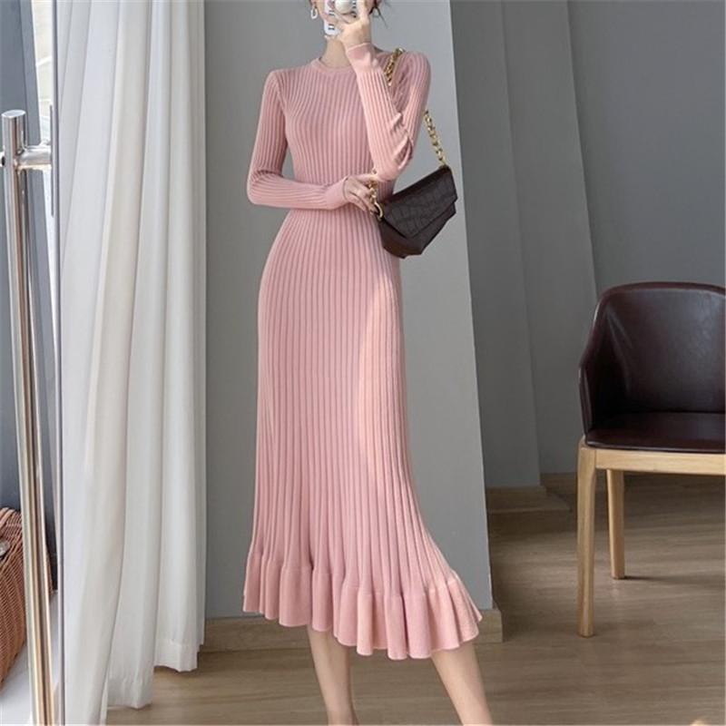 Knitted Mid-length Hip-hugging Dress Women's Inner Bottoming Sweater Skirt Ruffled Slim Slimming French Fishtail Skirt