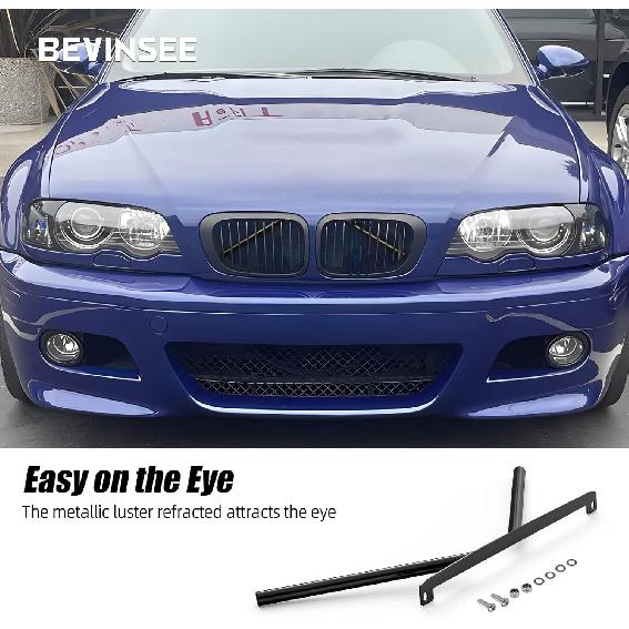 Bevinsee Front Grille V Cover Braces Kidney Struts Rods Tuning Bar Compatible with BMW E46 323i 325i 328i 330i 1999-2006, High-Strength Steel, Black