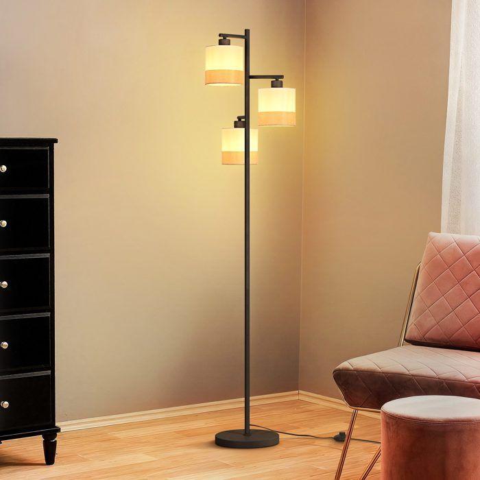 Floor Lamp - NETTLIFE - Fabric Lampshade - 3x E27 - White Metal - Reading Lamp