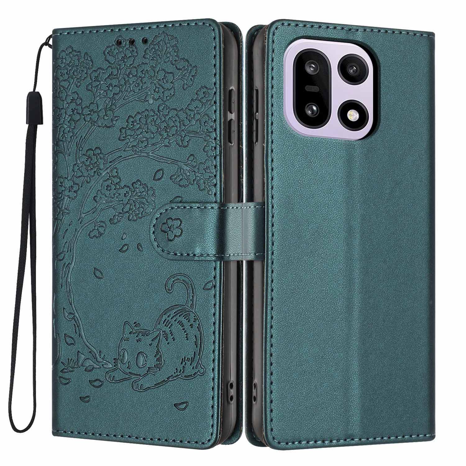 

For OnePlus 15 5G Stand Case Tree-and-Cat Pattern PU Leather Wallet Protective Phone Cover with Wrist Strap
