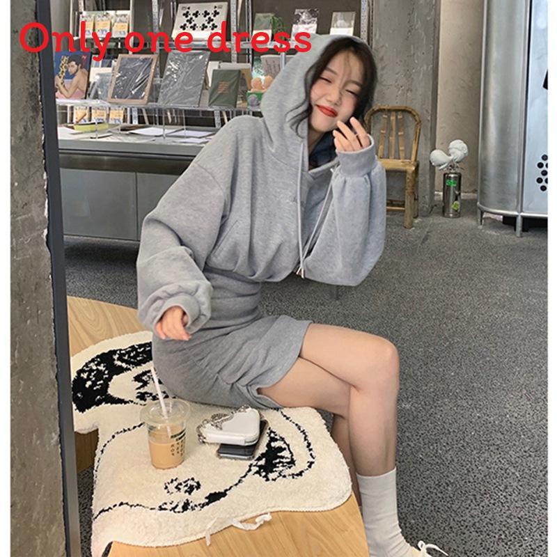 Korean Casual Hoodie Dress With Wrinkled Pencil Skirt Style For Autumn Women