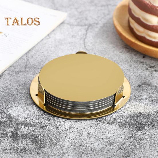 6-teiliges goldfarbenes Untersetzer-Set aus Edelstahl mit Halter, moderner Spiegel-Getränkeuntersetzer, runde Tassenmatten für Kaffeebar und Esstisch