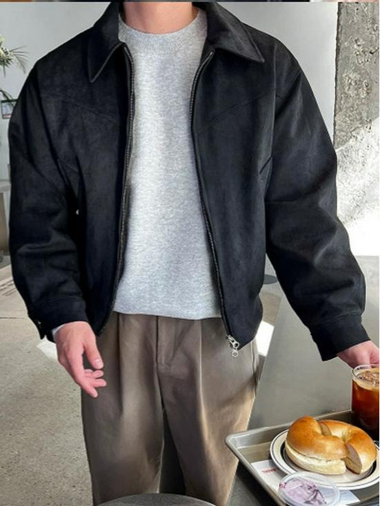 Retro British Velour Faux Suede Jacket - Solid Lapel, Frosted Finish, Autumn/Winter Trend