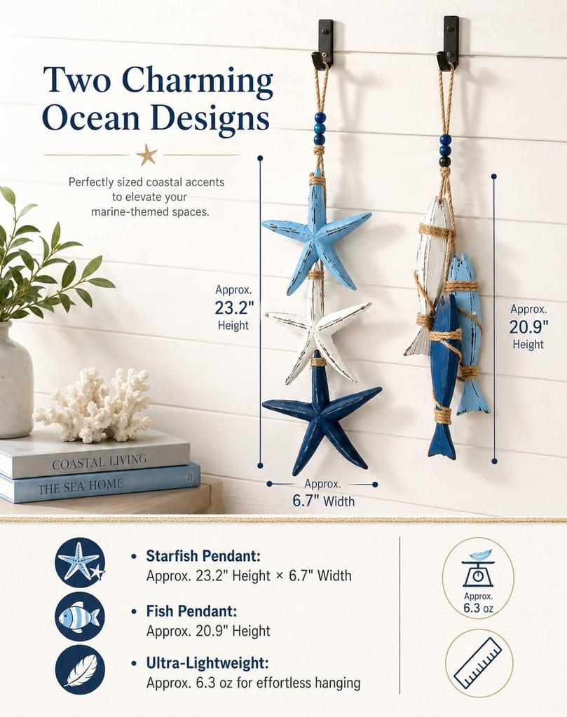 Lighted Wooden Fish Starfish Wall Hanging Decor with Warm LED Lights Coastal Nautical Beach Theme Wall Art for Bathroom Porch Beach House