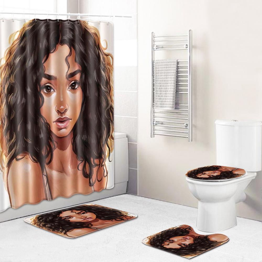 Creative Shower Curtain Floor Mat Combination Four-Piece Set Bathroom Toilet Carpet Shower Room Mat Foot Mat