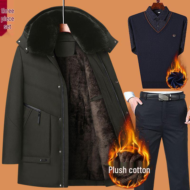 Dad's Winter Outfit: Velvet Thickened Cotton Jacket for Middle-Aged Men, Warm Mid-Length Padded Jacket for 50+