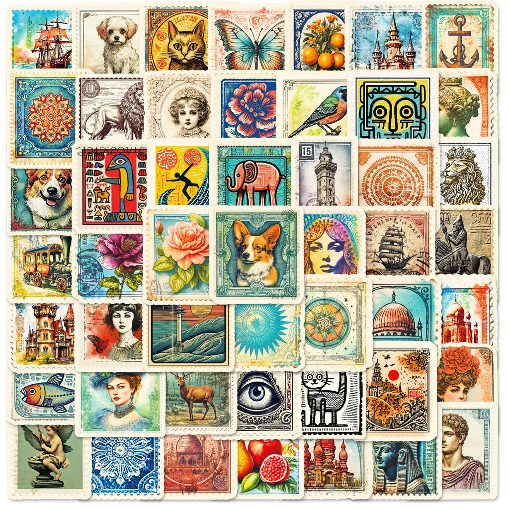 50Pcs Vintage Stamp Graffiti Stickers - Nordic Style Creative Decals for Journal & Item Decor