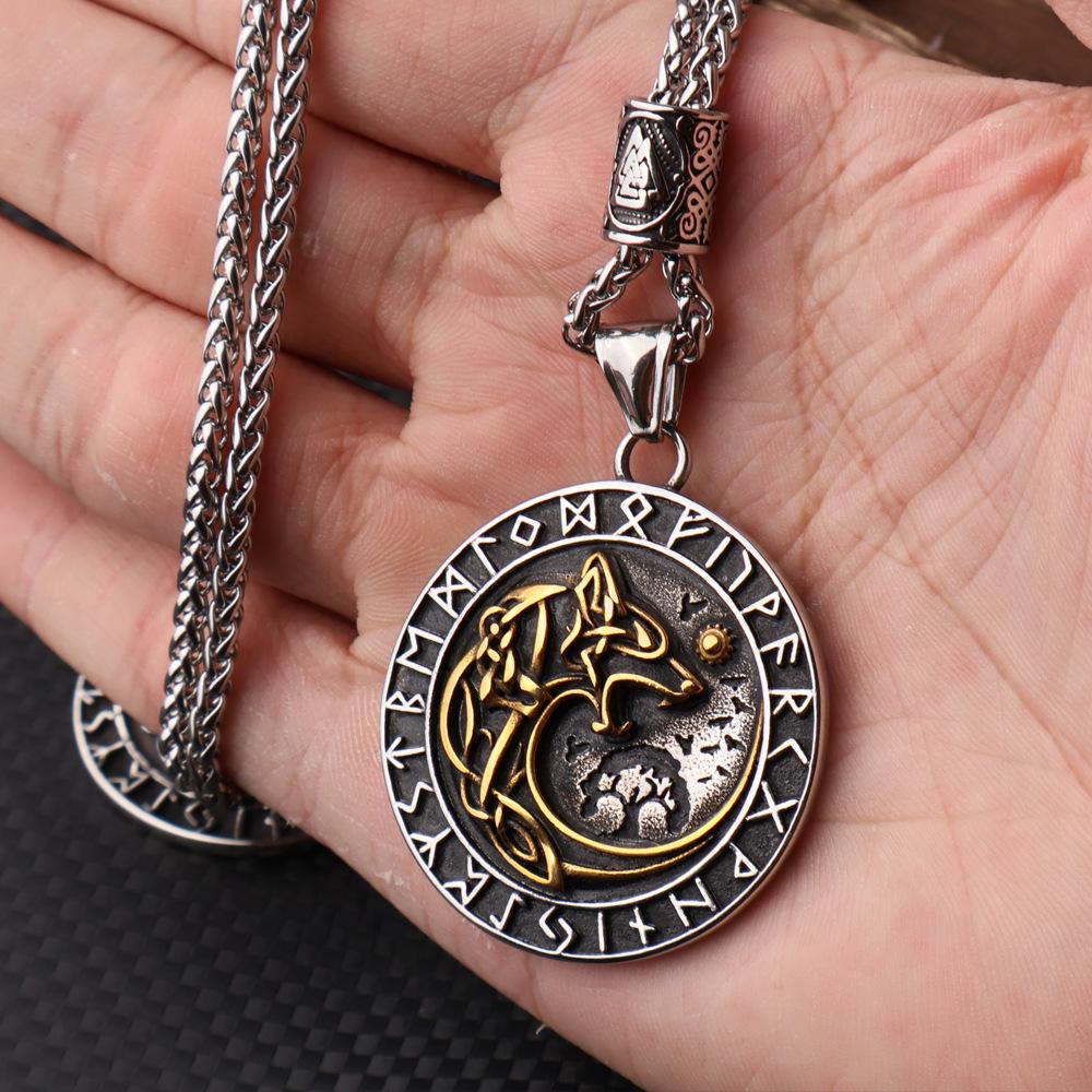 Viking Wolf Head Rune Titanium Steel Pendant Necklace Stainless Steel Men's Necklace Fashion Accessories Versatile