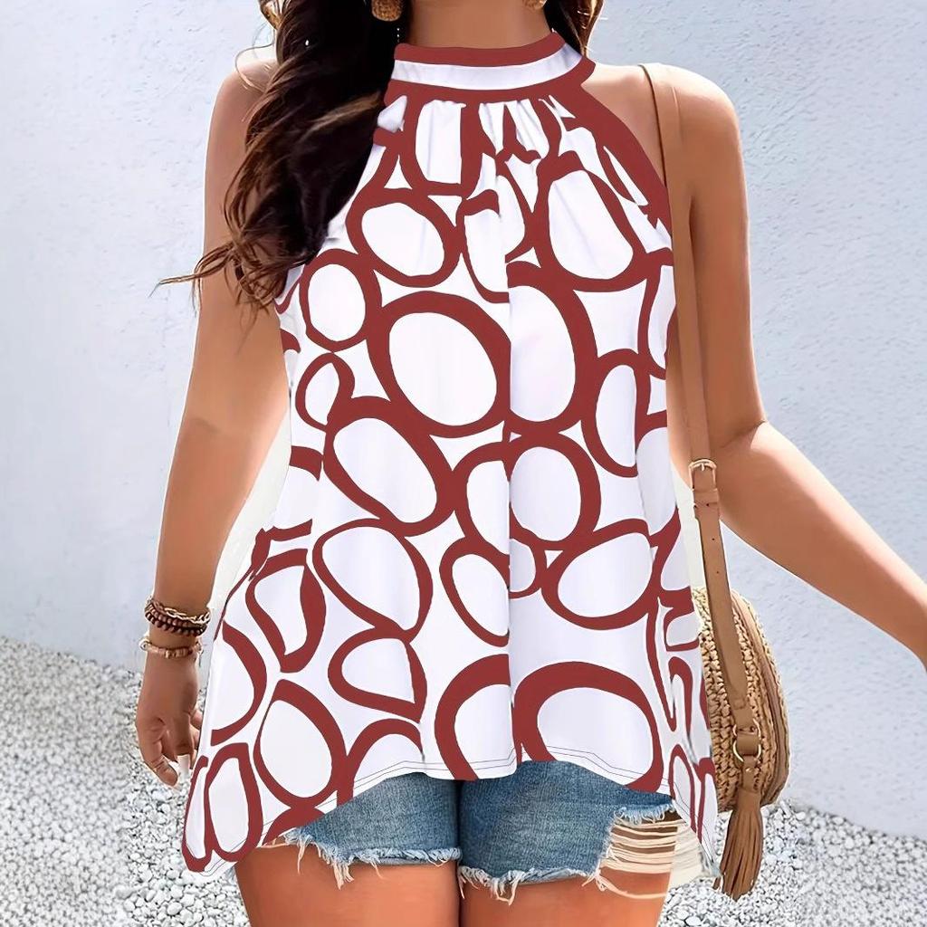 Women's Summer Geometric Halter Sleeveless Crew Neck T-shirt Top