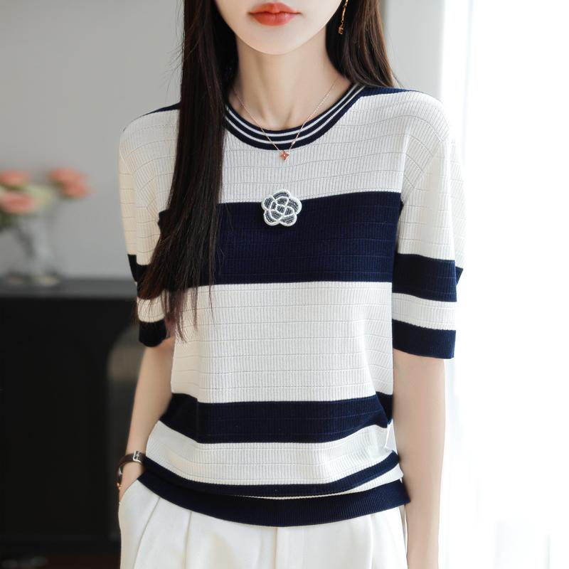 Women Knit T-shirt MODERN NEW SAGA Summer Knitted Shirt Short Sleeve Tees O-neck Patchwork Pullover Knit Tops