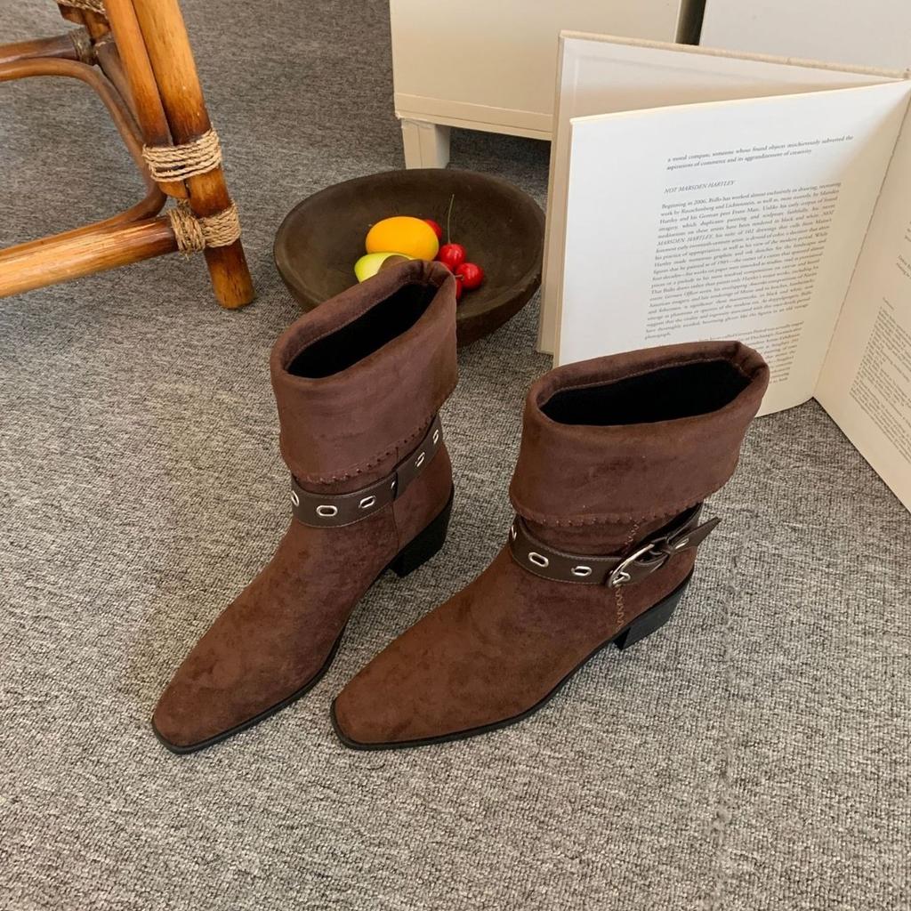 Coarse heel French square head western cowboy short boots women's boots autumn new models