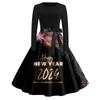 Women's Vintage Classic Dress Long Sleeve 2024 New Year Printed Ound Neck Swing Dress