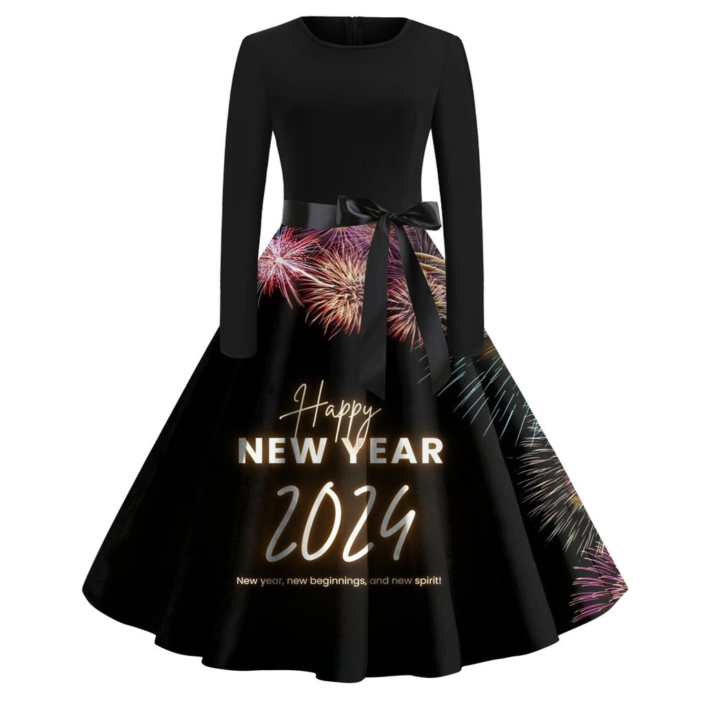 Women's Vintage Classic Dress Long Sleeve 2024 New Year Printed Ound Neck Swing Dress