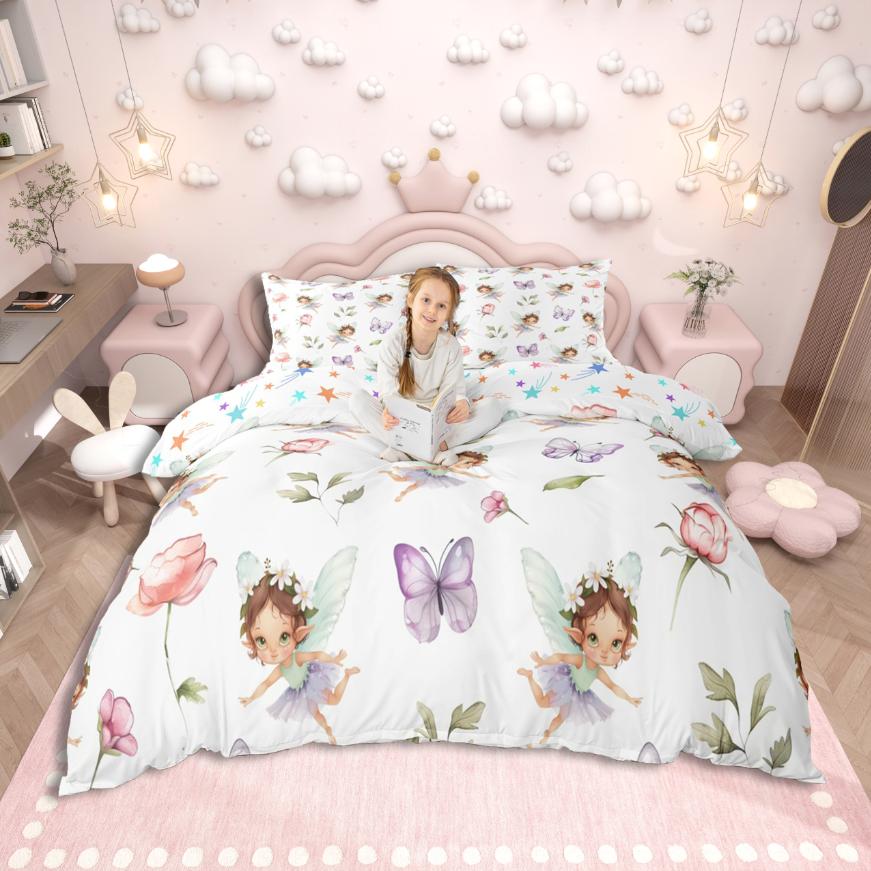 Homewish Cute Cartoon Elf Duvet Cover Set,Chic Flower Floral Bedding Set,Pink Purple White Bed Set For Girls