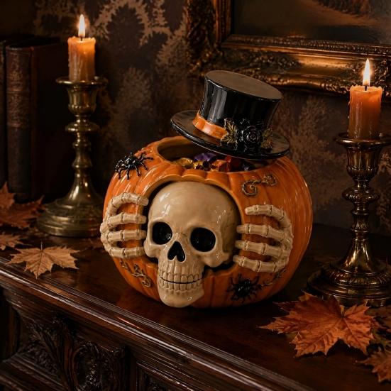 Resin Halloween Candy Bowl Skull Pumpkin Jar with Top Hat Lid, Decorative Unique Party Ornaments Storage Container, Desktop Organizer for Home Decor &