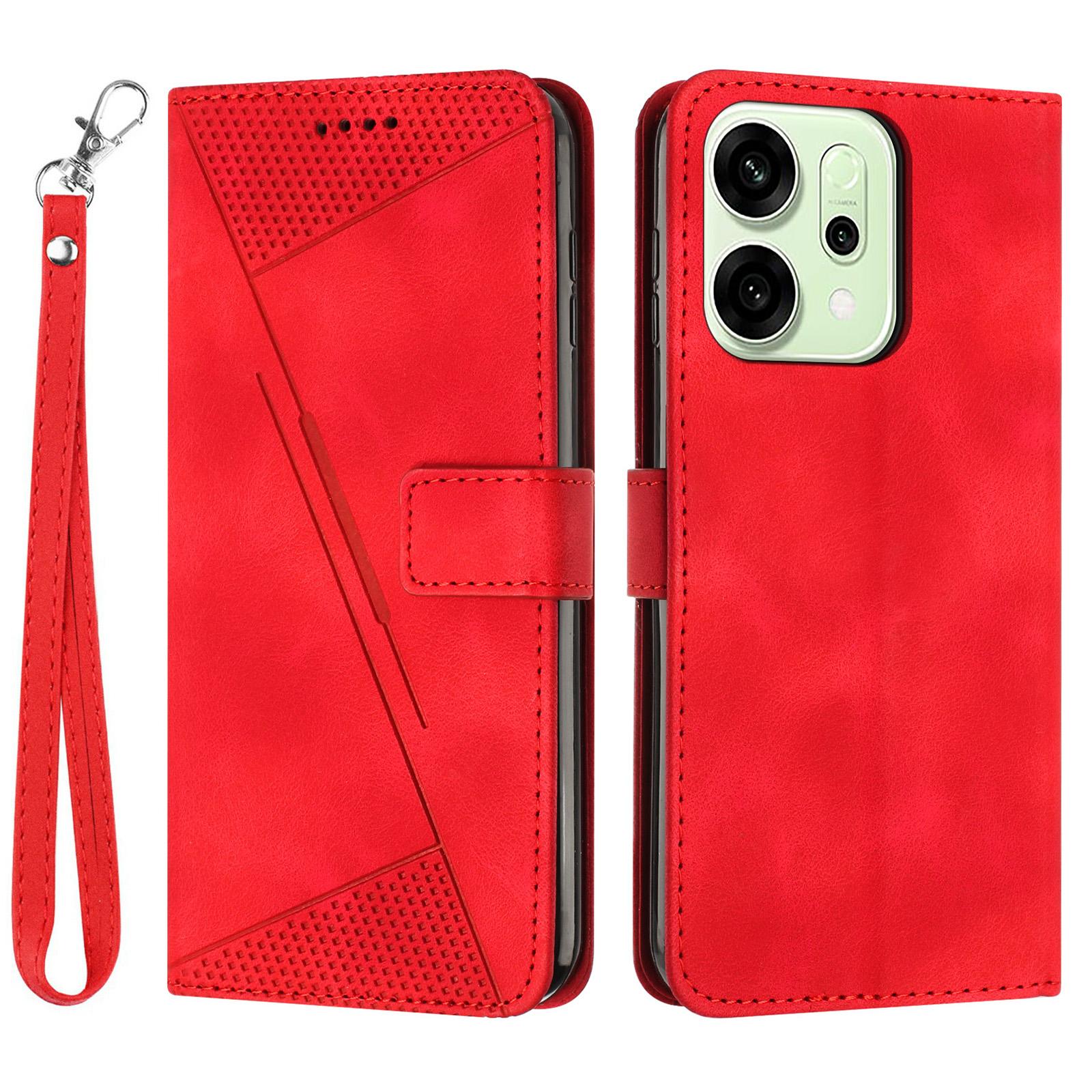 

For Oppo Reno14 5G (Global)/Reno14 F 5G Leather Case Imprinted Triangle Phone Cover with Hand Strap Red