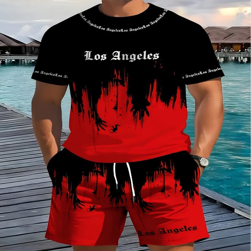 2-piece Set of New Casual Los Angeles Letter Print Men's Short-sleeved + Shorts, Breathable and Soft Summer Suit
