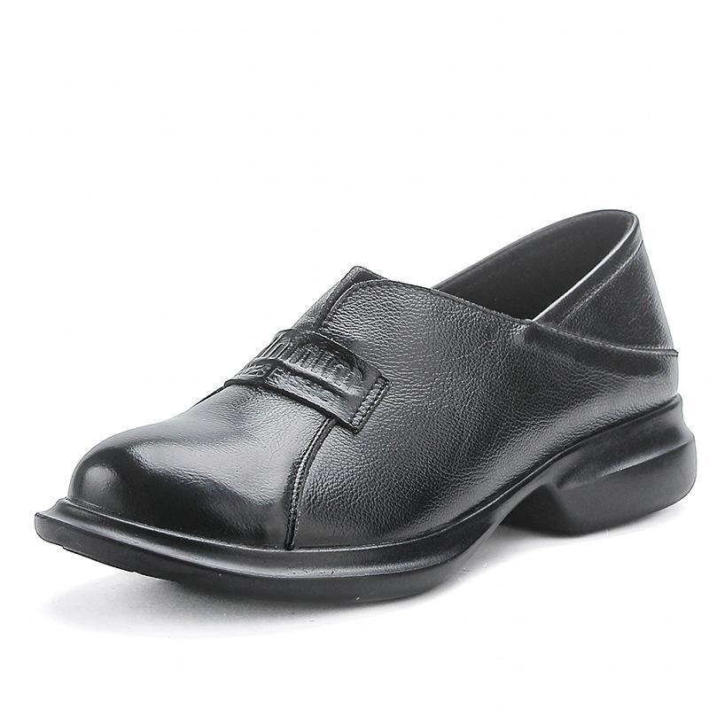 Retro British Style Women's Wide Fit Leather Chunky Heel Shoes - Top Grain Cowhide Round Toe Mom Shoes.