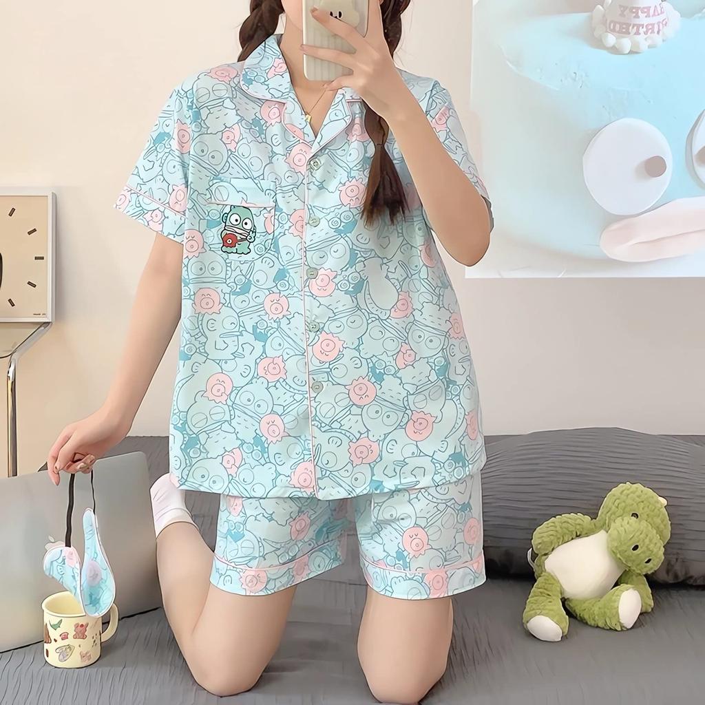TYBERRY Hangyodon Long and Short Summer and Air Conditioning Front Character Simple Style Short Sleeve Set Pajamas, Loungewear, Sleeves, Spring,