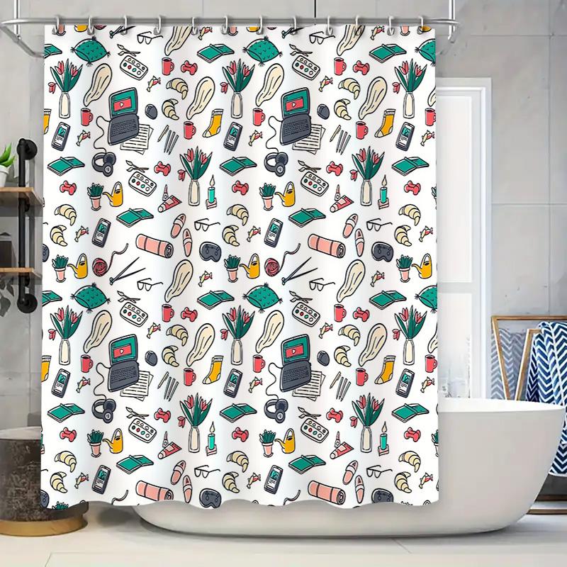 Cartoon School Supplies Shower Curtain Cute Classroom Decor Washable Bathroom Fabric Backdrop 90x180cm