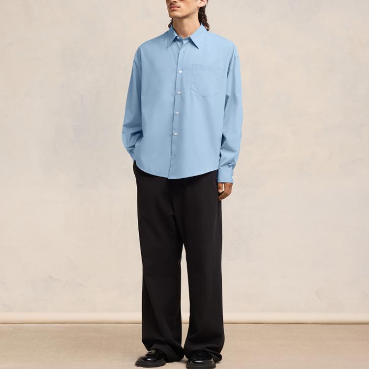 AMIPARIS Solid Color Loose Fit Pointed Collar Long Sleeve Shirt Unisex shirts Blue USH116CO0063-484