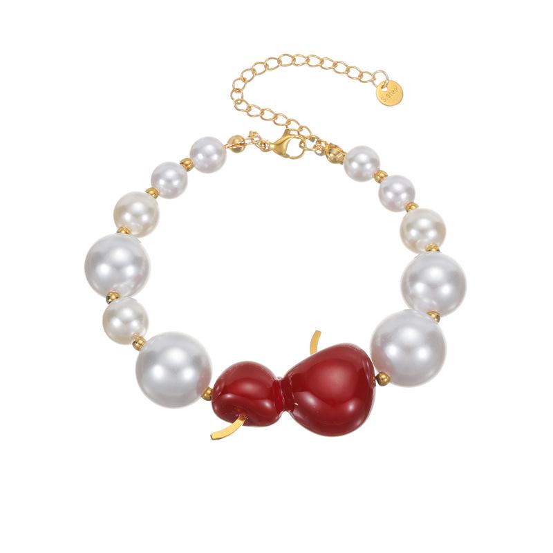 Sweet Cherry Pearl Necklace and Earrings Set: Cute Autumn/Winter Jewelry in Titanium Steel