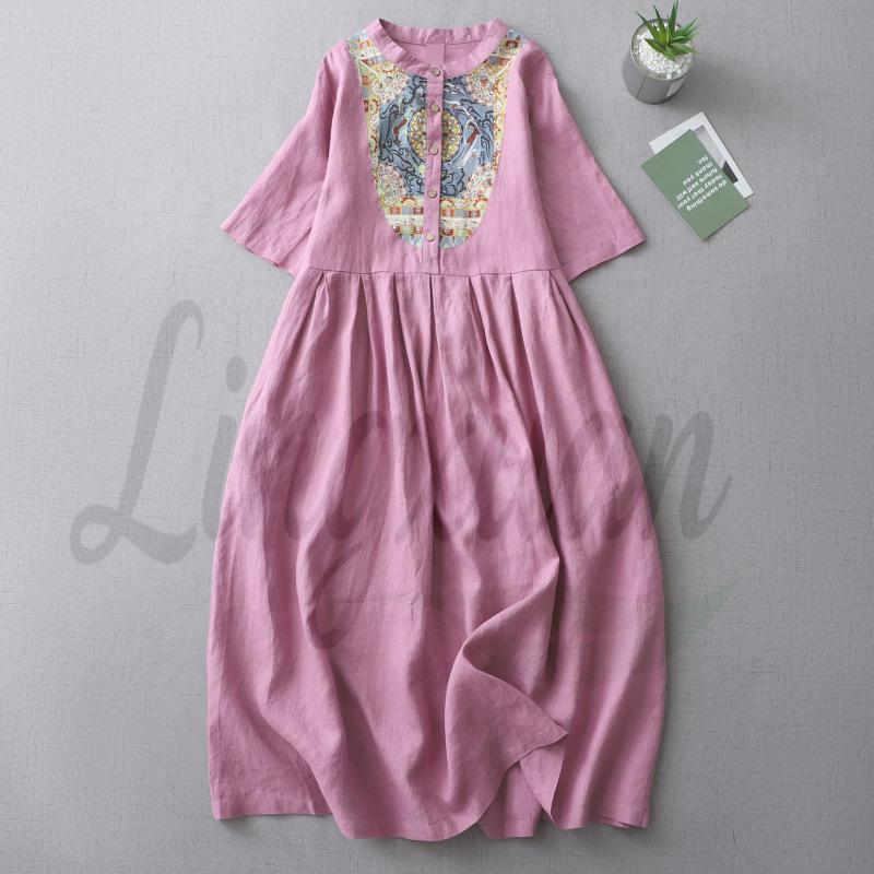 Women s Artistic Retro Patchwork Cotton-Linen Dress, Short Sleeve, Long, Loose Fit Large