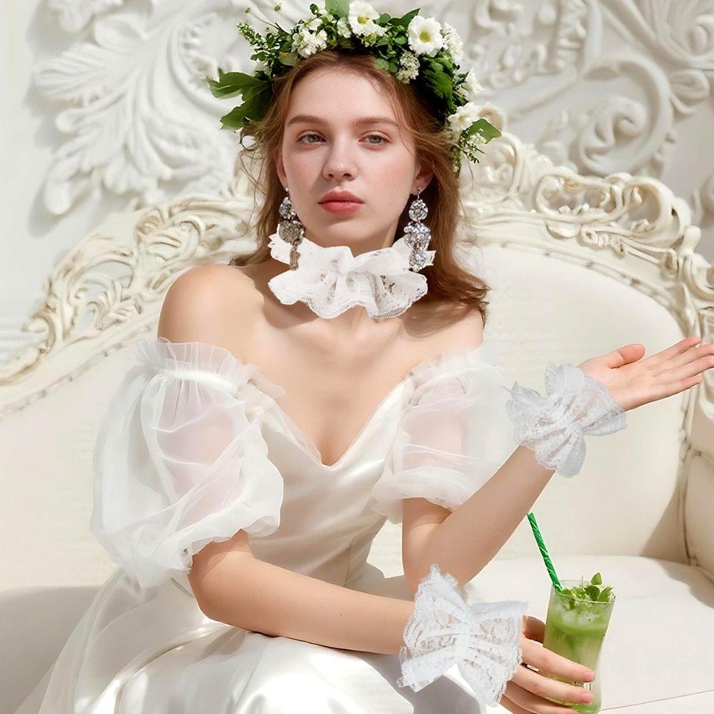 White Neckband Lolita Lace Cuffs Lace Ruffled Wrist Sleeves Fashion Fake Sleeves  Daily Accessory