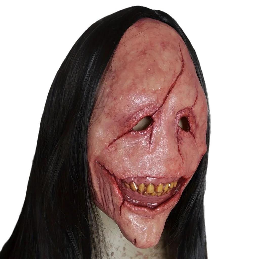 Máscara de Demônio de Látex de Rosto Vermelho Cabelo Comprido com Dentes à Mostra