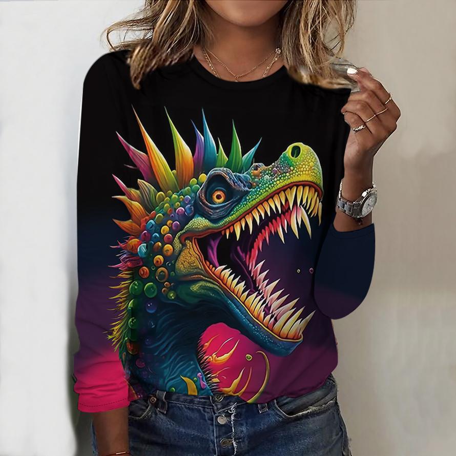 

Топы для женщин с рисунком динозавра, круглый вырез, длинный рукав, футболка, осенний повседневный тонкий пуловер, женский топ с длинным рукавом 8XL разноцветный