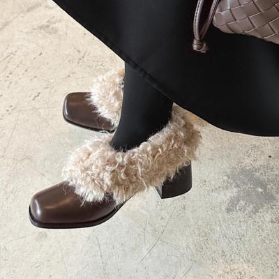 Retro Square Head Leather Single Shoes Women's One-pedal Velvet Warm Cotton Shoes Fluffy Temperament High-heeled Women's Shoes