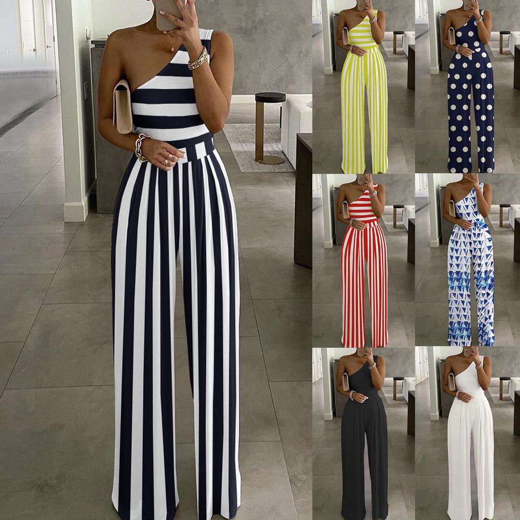 Einschultriger ärmelloser Overall für Damen Modedruck Weite Beine Hosen Strampler Eleganter Overall mit hoher Taille