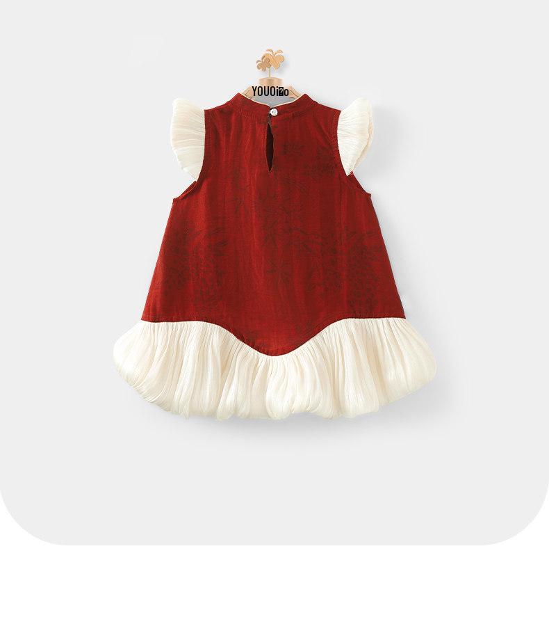 Youqi Chinese Style Baby Princess Summer Dress, 100-Day Celebration Red Gauze Gown