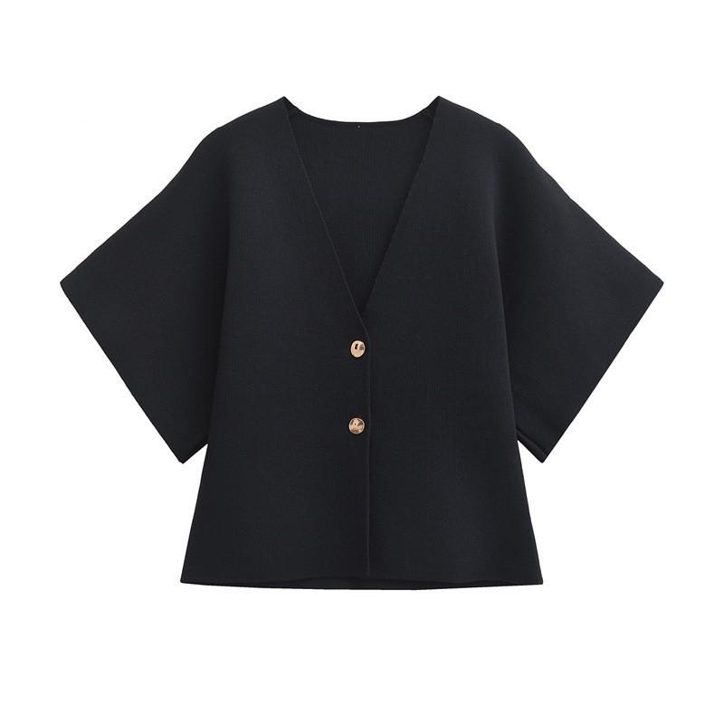 Womens Minimalist Knit Cardigan V-neck 5 Sleeve Button Detail Street Style Solid Color Top