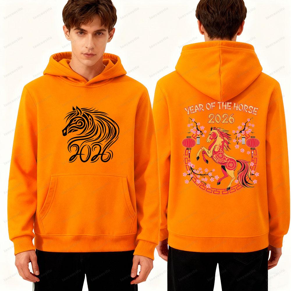 Men Double-Sided Hoodie 2026 Chinese New Year Fire Horse Pattern Sweatshirt Streetwear Clothing for Men Year of the Horse Them