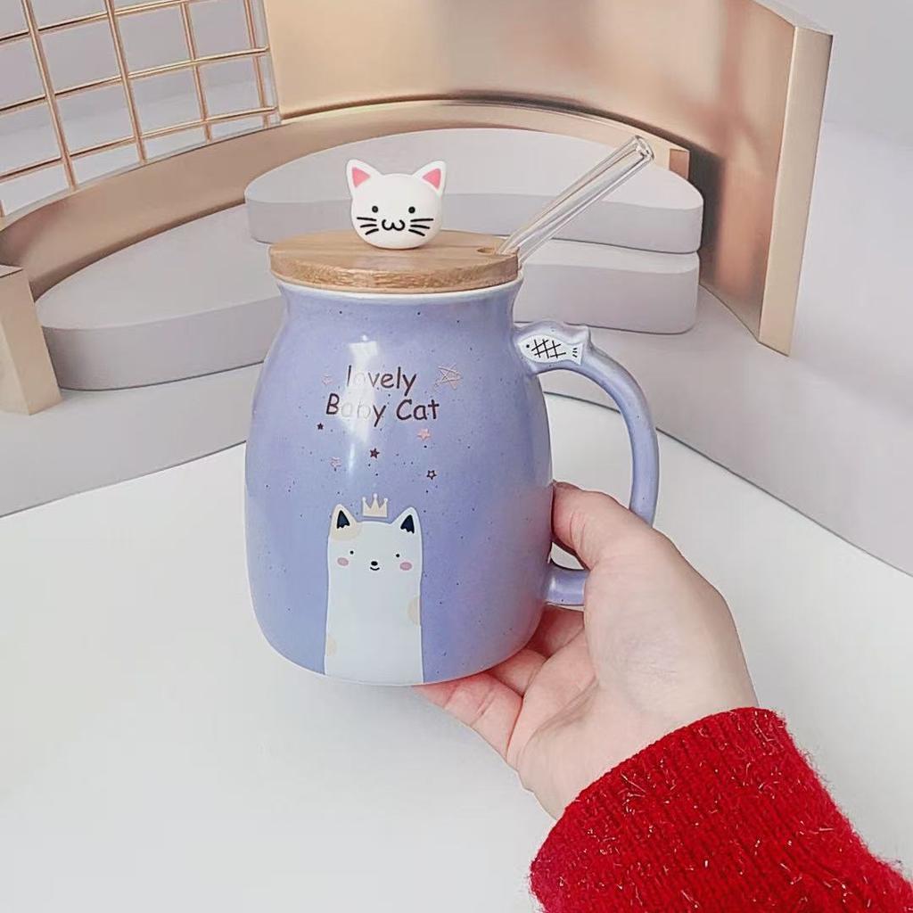 Niedliche Cartoon Katze Keramiktasse mit Deckel Löffel Große Kapazität Becher Haushalt Kaffeetasse Frühstück Milch Wasser