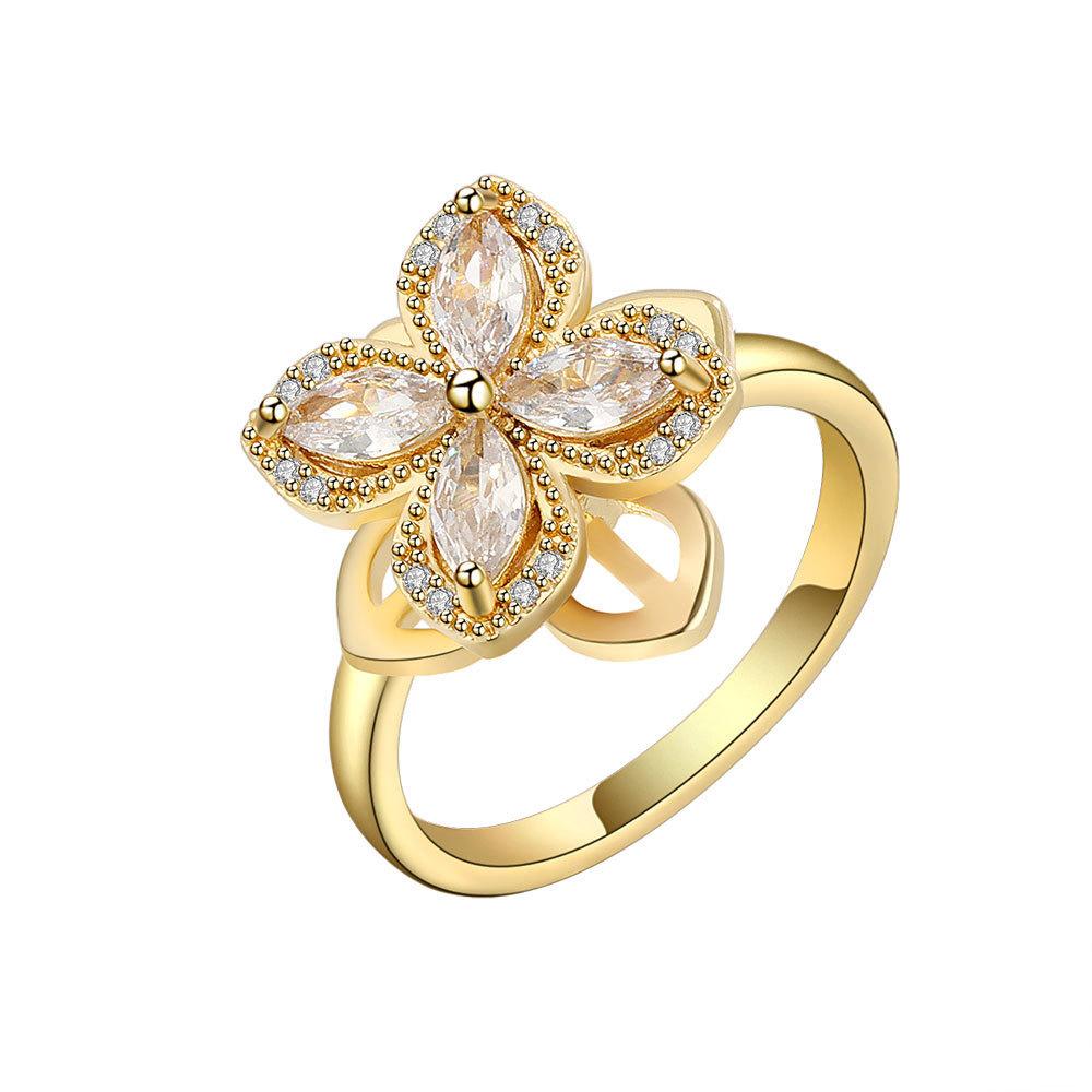 Geometric Flower Zircon Adjustable Ring For Women With Electroplated Copper Hand Jewelry