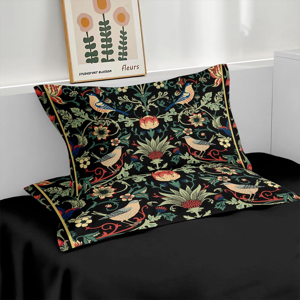3pcs Black Retro Floral Print Coreless Duvet Cover Set Multi Size Bedroom Dormitory Soft and Comfortable Machine Washable