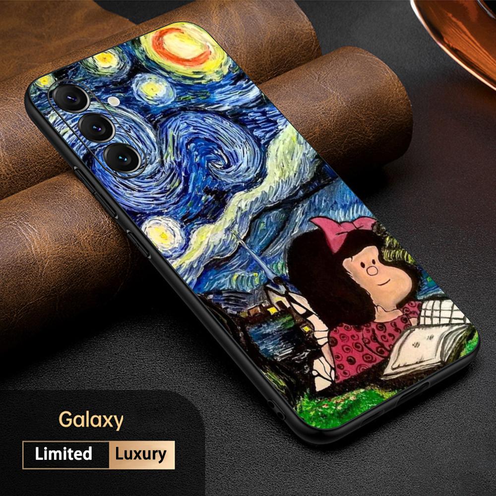 Cute Mafalda Girl Fashion Pattern Phone Case For Samsung Galaxy S25 S24 S23 S22 S21 S20 Plus Ultra Note20 Soft Black