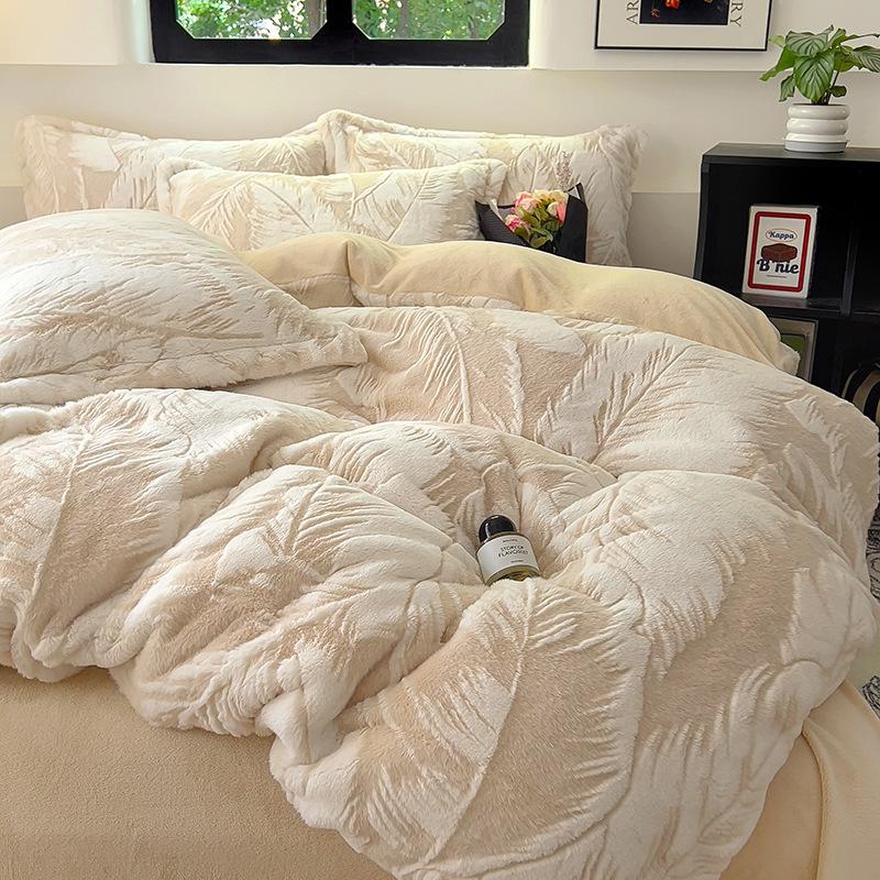 3D Three-Dimensional Thickened Rabbit Hair Carved Fleece Milk Fleece Four-Piece Single Quilt Cover